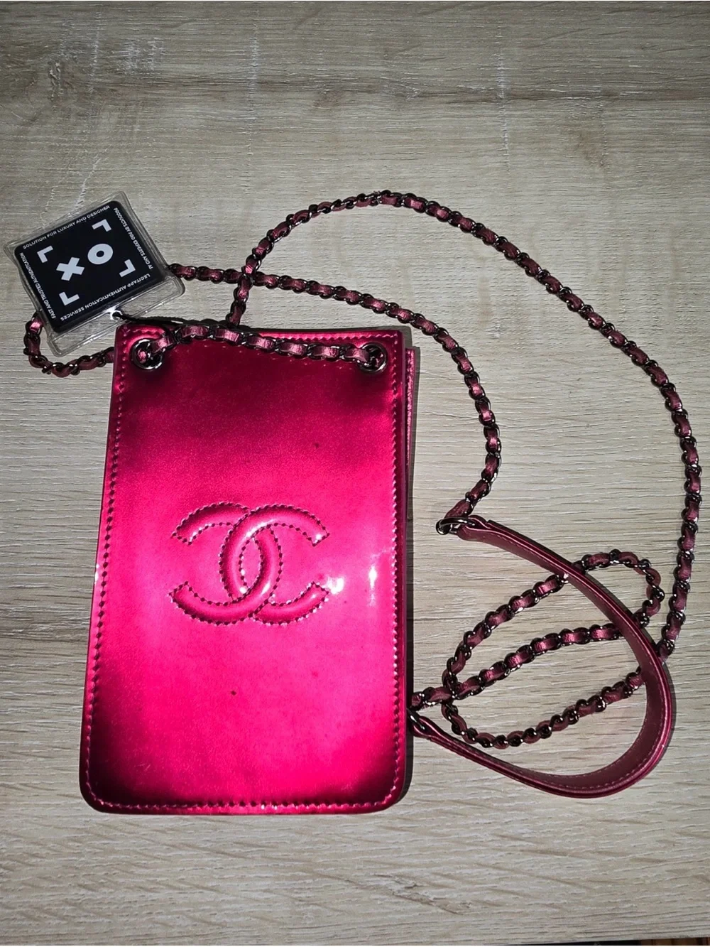 CHANEL Fuchsia Patent Leather CC Phone Crossbody with Chain Strap